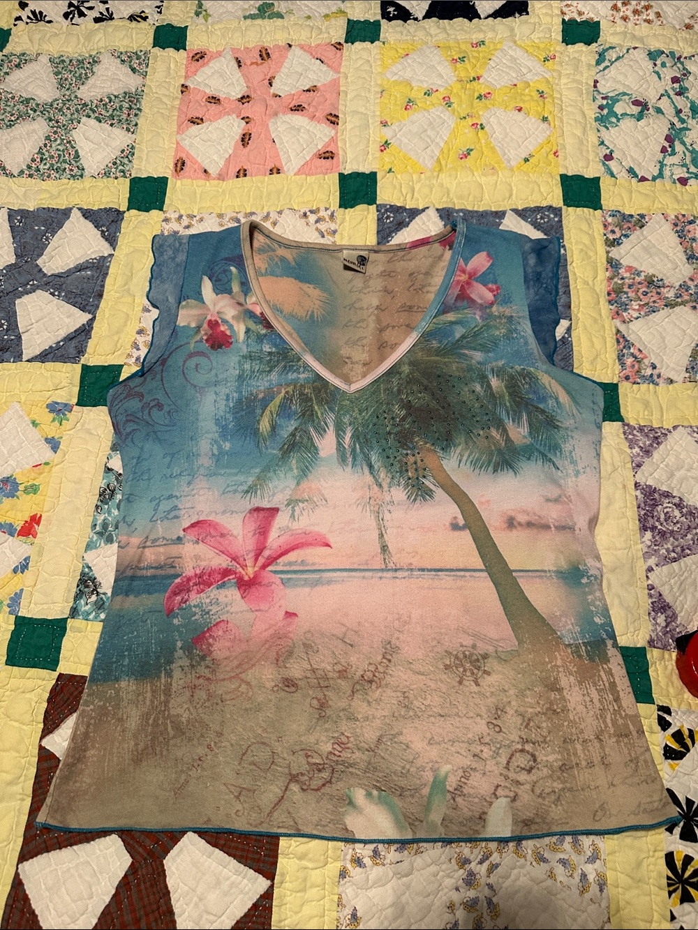 ONE WORLD Tropical V-Neck Tank Top - Blue & Pink
